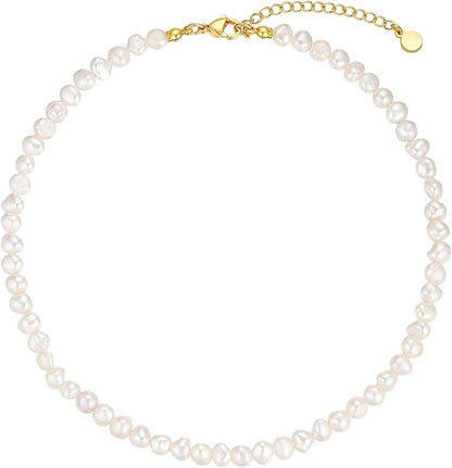 Natural Freshwater Baroque Pearl Necklace 14K Gold Plated Dainty Choker Necklace for Women Girls Snake Chain/Cuban Link/Paperclip/Ball Beaded Chain/Tennis Chain Fashion Jewelry for Gift XL-017
