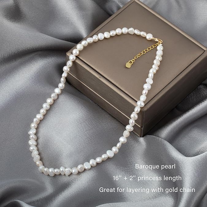 Natural Freshwater Baroque Pearl Necklace 14K Gold Plated Dainty Choker Necklace for Women Girls Snake Chain/Cuban Link/Paperclip/Ball Beaded Chain/Tennis Chain Fashion Jewelry for Gift XL-017
