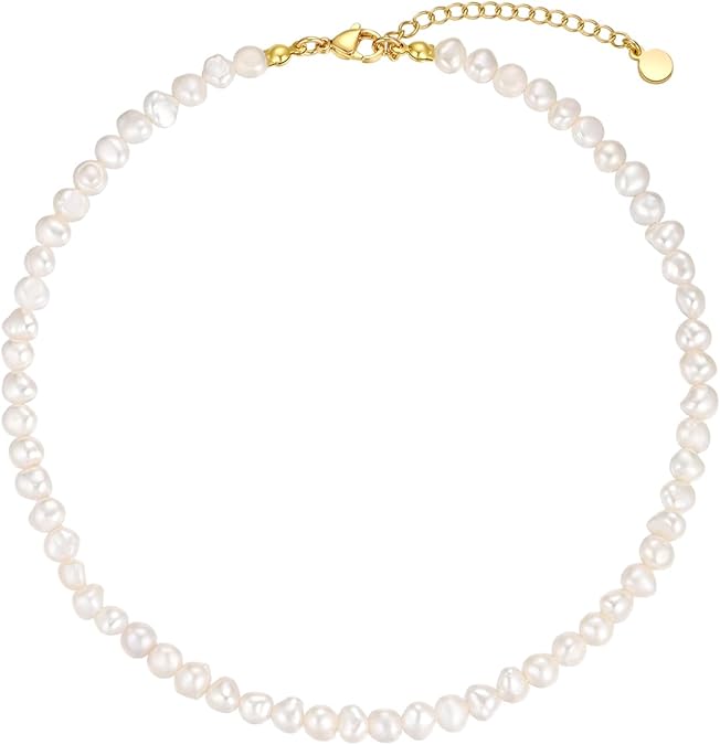 Natural Freshwater Baroque Pearl Necklace 14K Gold Plated Dainty Choker Necklace for Women Girls Snake Chain/Cuban Link/Paperclip/Ball Beaded Chain/Tennis Chain Fashion Jewelry for Gift XL-017