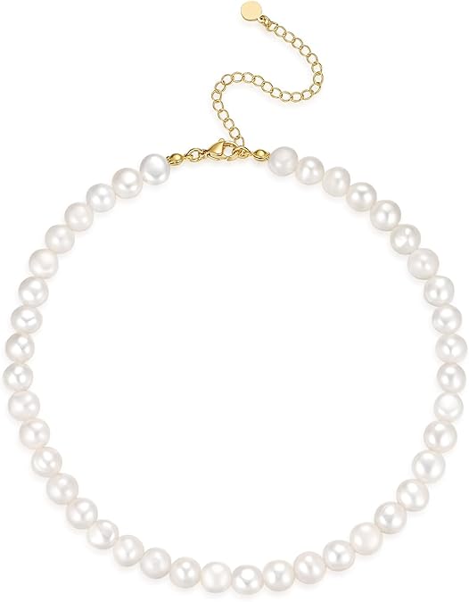 Natural Freshwater Baroque Pearl Necklace 14K Gold Plated Dainty Choker Necklace for Women Girls Snake Chain/Cuban Link/Paperclip/Ball Beaded Chain/Tennis Chain Fashion Jewelry for Gift XL-017