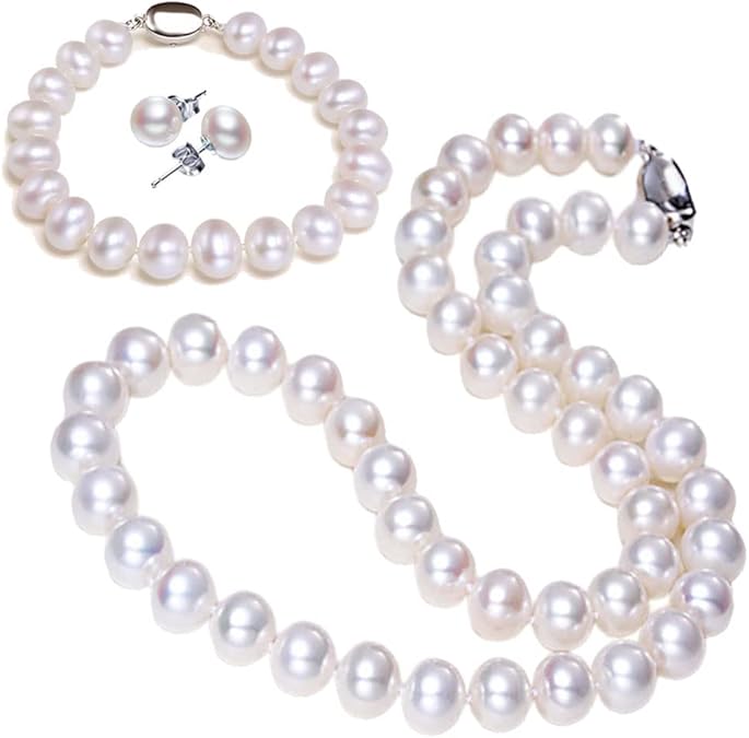 Freshwater Cultured Pearl Necklace Set Includes Stunning Bracelet and Stud Earrings Jewelry Set for Women XL-18