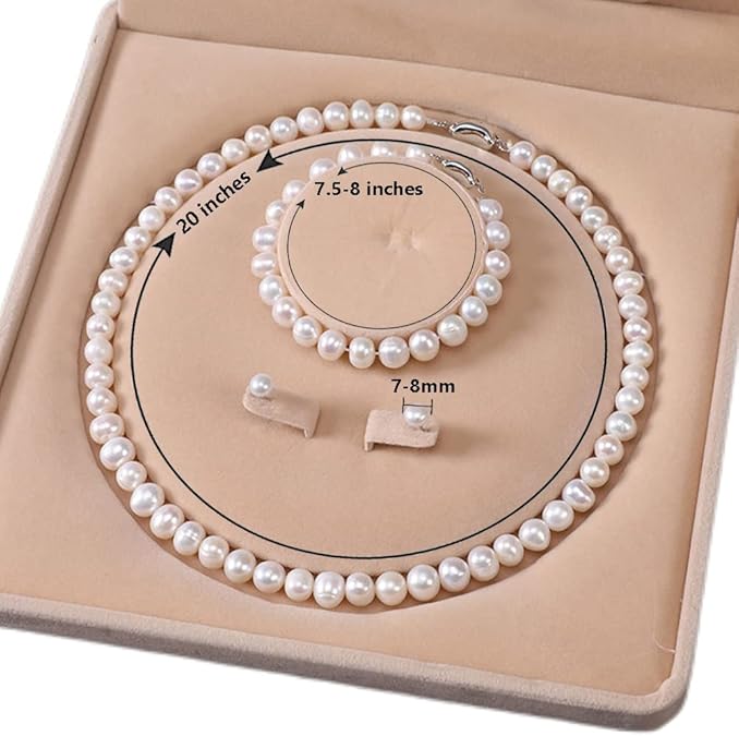 Freshwater Cultured Pearl Necklace Set Includes Stunning Bracelet and Stud Earrings Jewelry Set for Women XL-18