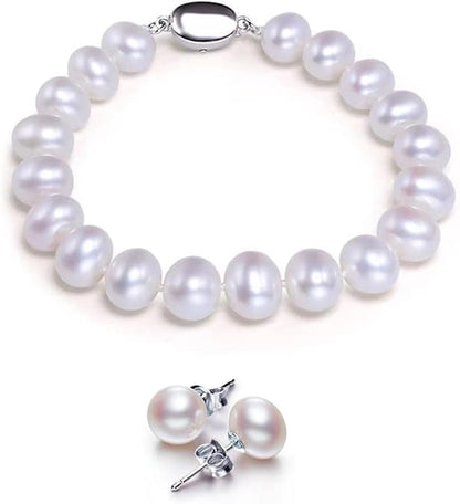 Freshwater Cultured Pearl Necklace Set Includes Stunning Bracelet and Stud Earrings Jewelry Set for Women XL-18
