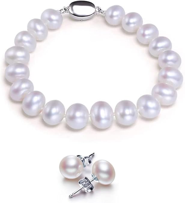 Freshwater Cultured Pearl Necklace Set Includes Stunning Bracelet and Stud Earrings Jewelry Set for Women XL-18