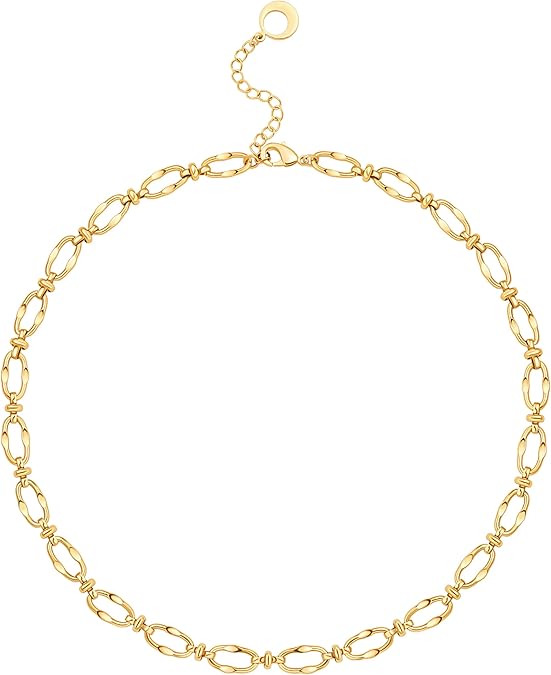 18K Gold Paperclip Chain Choker Satellite Chain Biwa Pearl Pendant Necklace Dainty Jewelry for Women XL-20