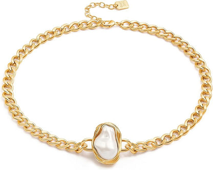 18K Gold Paperclip Chain Choker Satellite Chain Biwa Pearl Pendant Necklace Dainty Jewelry for Women XL-20