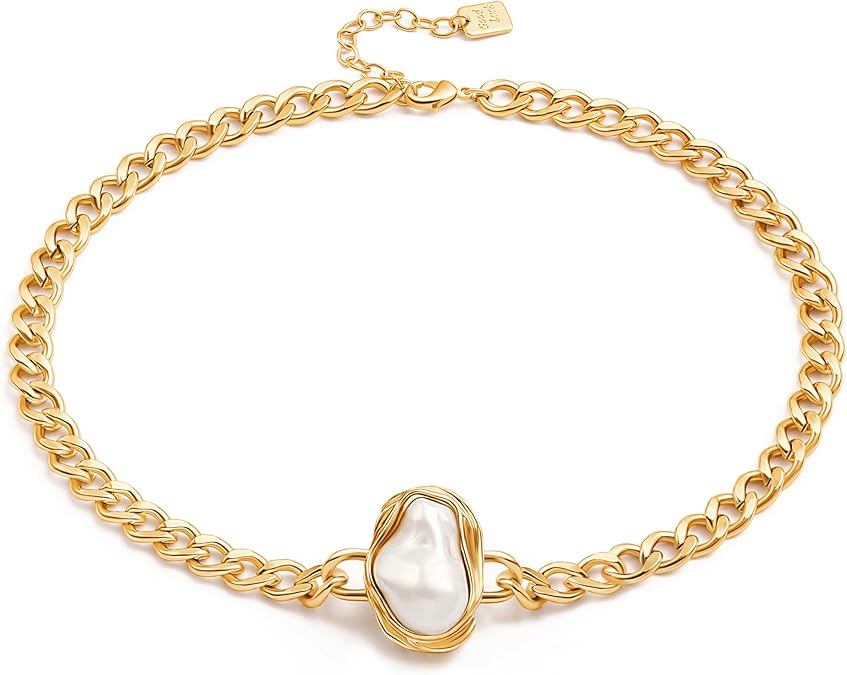 18K Gold Paperclip Chain Choker Satellite Chain Biwa Pearl Pendant Necklace Dainty Jewelry for Women XL-20