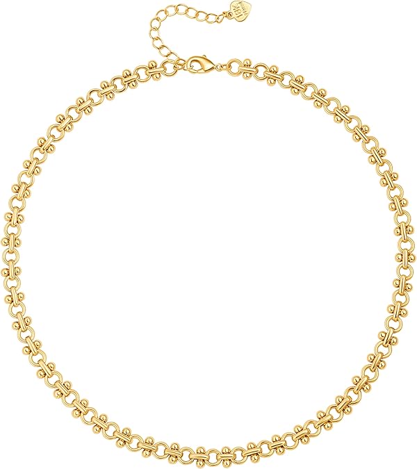 18K Gold Paperclip Chain Choker Satellite Chain Biwa Pearl Pendant Necklace Dainty Jewelry for Women XL-20