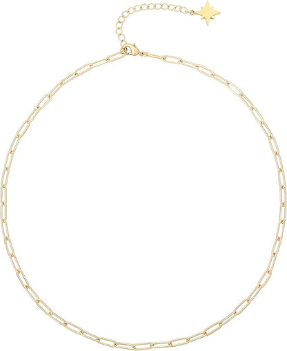 18K Gold Paperclip Chain Choker Satellite Chain Biwa Pearl Pendant Necklace Dainty Jewelry for Women XL-20