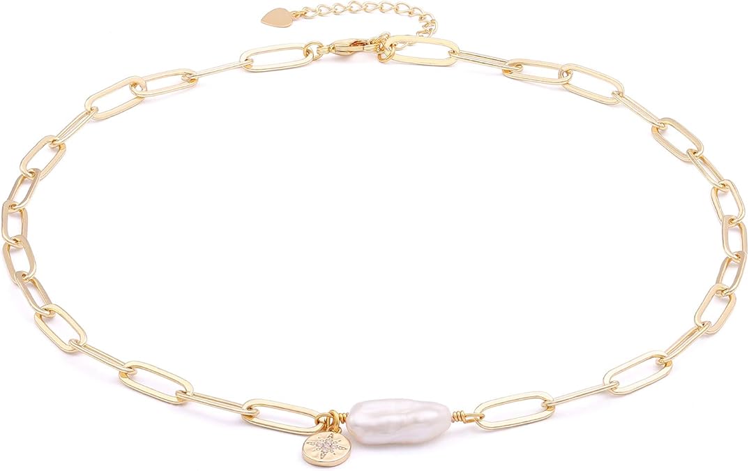 18K Gold Paperclip Chain Choker Satellite Chain Biwa Pearl Pendant Necklace Dainty Jewelry for Women XL-20