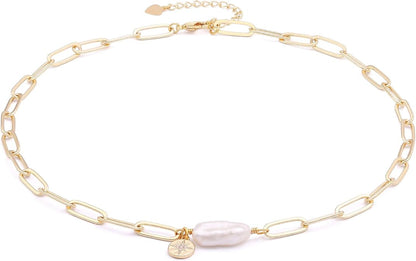 18K Gold Paperclip Chain Choker Satellite Chain Biwa Pearl Pendant Necklace Dainty Jewelry for Women XL-20