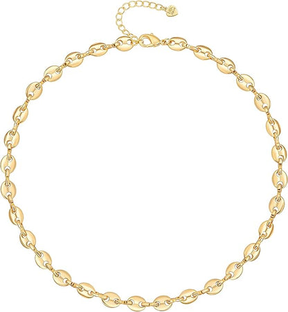 18K Gold Paperclip Chain Choker Satellite Chain Biwa Pearl Pendant Necklace Dainty Jewelry for Women XL-20