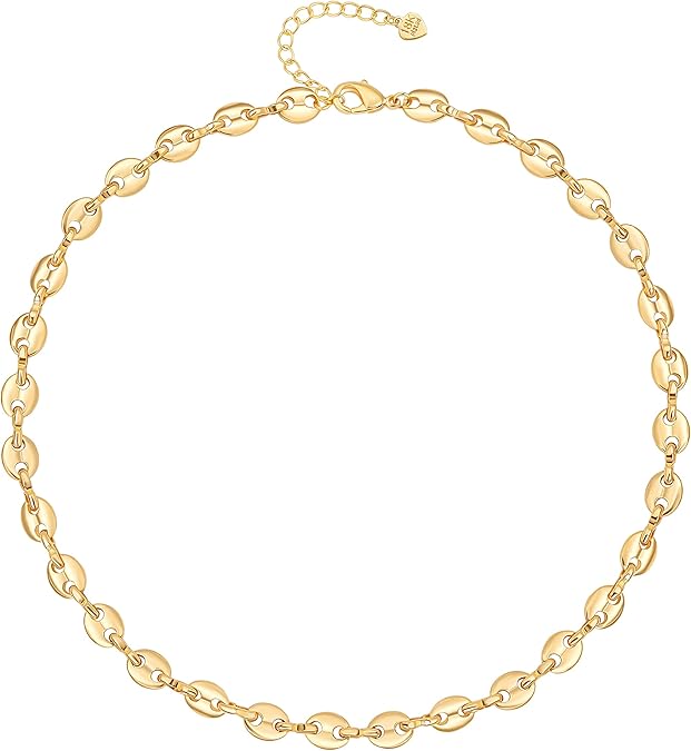 18K Gold Paperclip Chain Choker Satellite Chain Biwa Pearl Pendant Necklace Dainty Jewelry for Women XL-20