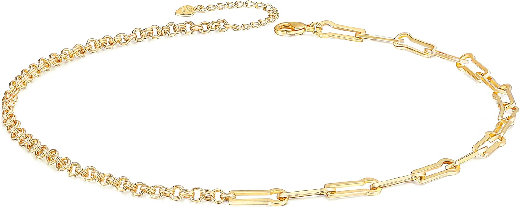 18K Gold Paperclip Chain Choker Satellite Chain Biwa Pearl Pendant Necklace Dainty Jewelry for Women XL-20