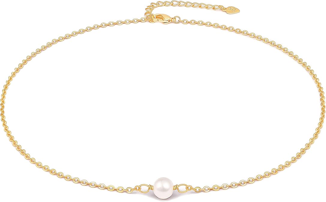 18K Gold Paperclip Chain Choker Satellite Chain Biwa Pearl Pendant Necklace Dainty Jewelry for Women XL-20