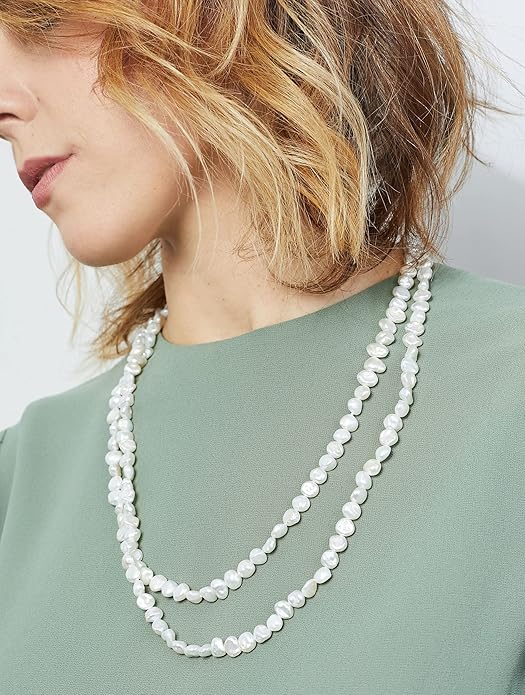 Women's Pearl Necklace Strand Freshwater Cultured Baroque Keshi 120 cm long Baroque Keshi pearls from 7-9 to 10-11 mm Knotted every 4 pearls XL-022