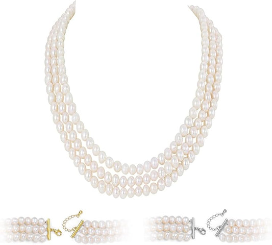 AAA+ Quality White Freshwater Pearls Necklace for Women | 6.5-7mm Round White Pearls with 925 Sterling Silver  XL-23