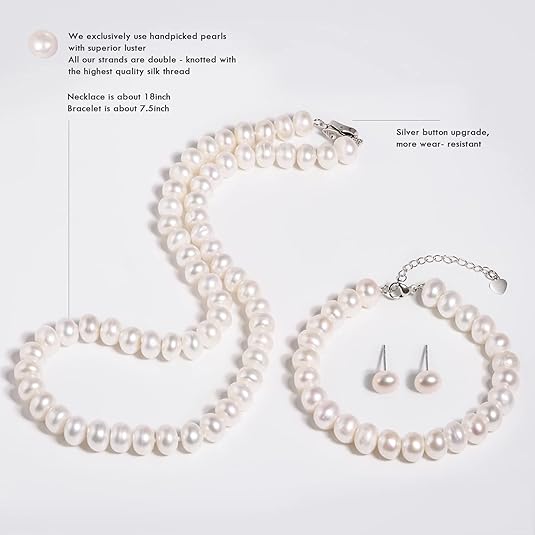 Freshwater Cultured Pearl Necklace Set - Real Pearl Necklace Set Includes Stunning Bracelet and Stud Earrings Jewelry Set for Women XL-24