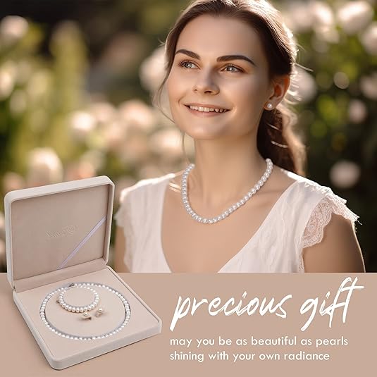Freshwater Cultured Pearl Necklace Set - Real Pearl Necklace Set Includes Stunning Bracelet and Stud Earrings Jewelry Set for Women XL-24