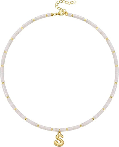 Beaded Initial Necklace for Women, 14K Gilded Plated Bubble Letter Pendant Natural Handmade Stone Choker Boho Colorful Summer Beach Jewelry Gift XL-26