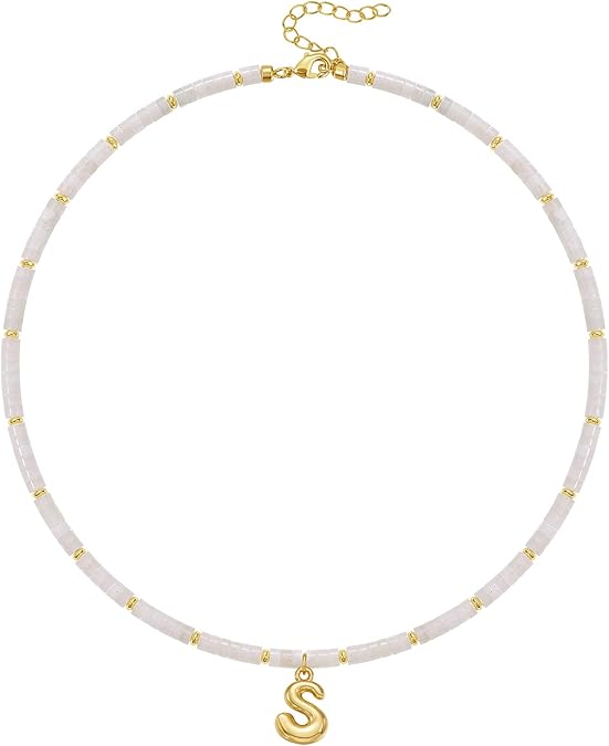 Beaded Initial Necklace for Women, 14K Gilded Plated Bubble Letter Pendant Natural Handmade Stone Choker Boho Colorful Summer Beach Jewelry Gift XL-26
