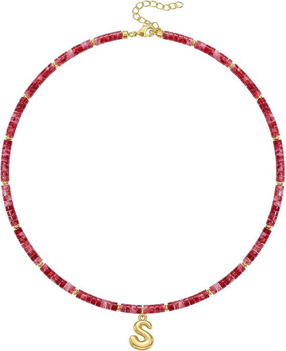 Beaded Initial Necklace for Women, 14K Gilded Plated Bubble Letter Pendant Natural Handmade Stone Choker Boho Colorful Summer Beach Jewelry Gift XL-26