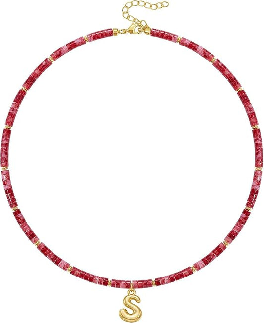 Beaded Initial Necklace for Women, 14K Gilded Plated Bubble Letter Pendant Natural Handmade Stone Choker Boho Colorful Summer Beach Jewelry Gift XL-26