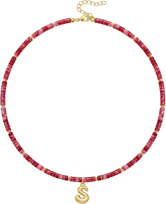 Beaded Initial Necklace for Women, 14K Gilded Plated Bubble Letter Pendant Natural Handmade Stone Choker Boho Colorful Summer Beach Jewelry Gift XL-26