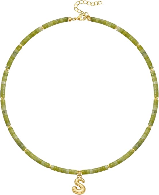 Beaded Initial Necklace for Women, 14K Gilded Plated Bubble Letter Pendant Natural Handmade Stone Choker Boho Colorful Summer Beach Jewelry Gift XL-26