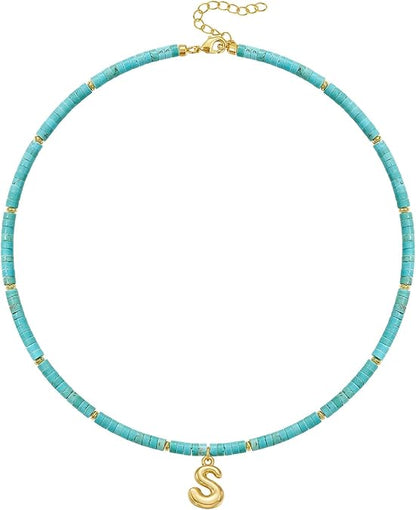 Beaded Initial Necklace for Women, 14K Gilded Plated Bubble Letter Pendant Natural Handmade Stone Choker Boho Colorful Summer Beach Jewelry Gift XL-26