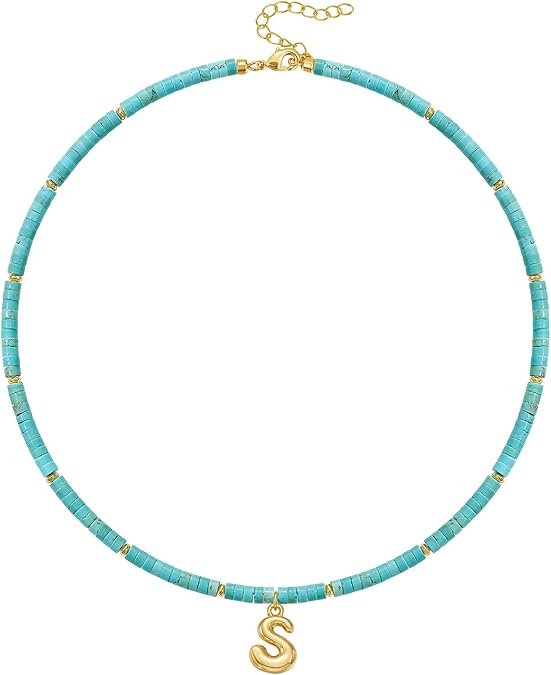 Beaded Initial Necklace for Women, 14K Gilded Plated Bubble Letter Pendant Natural Handmade Stone Choker Boho Colorful Summer Beach Jewelry Gift XL-26