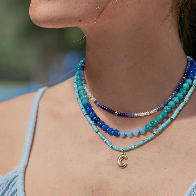 Beaded Initial Necklace for Women, 14K Gilded Plated Bubble Letter Pendant Natural Handmade Stone Choker Boho Colorful Summer Beach Jewelry Gift XL-26