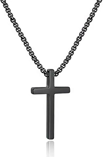 Cross Necklace for Men, Silver Black Gold Stainless Steel Plain Cross Pendant Necklace for Men Box Chain 16-30 Inch XL-27