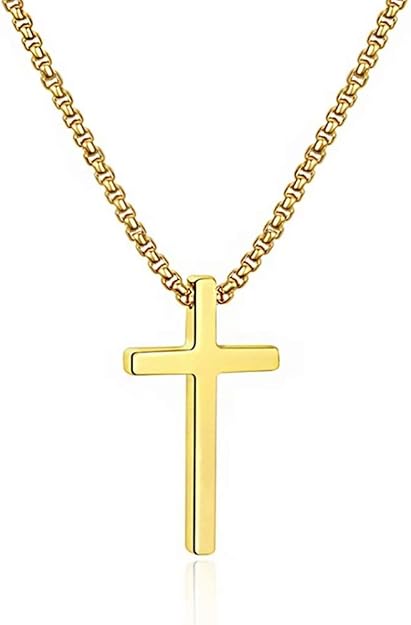 Cross Necklace for Men, Silver Black Gold Stainless Steel Plain Cross Pendant Necklace for Men Box Chain 16-30 Inch XL-27