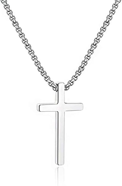 Cross Necklace for Men, Silver Black Gold Stainless Steel Plain Cross Pendant Necklace for Men Box Chain 16-30 Inch XL-27