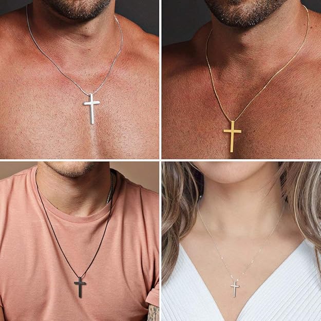Cross Necklace for Men, Silver Black Gold Stainless Steel Plain Cross Pendant Necklace for Men Box Chain 16-30 Inch XL-27