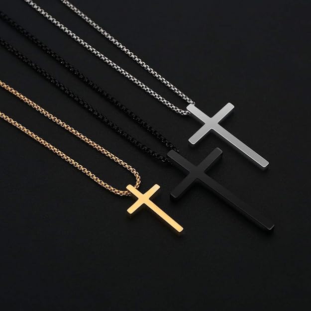 Cross Necklace for Men, Silver Black Gold Stainless Steel Plain Cross Pendant Necklace for Men Box Chain 16-30 Inch XL-27
