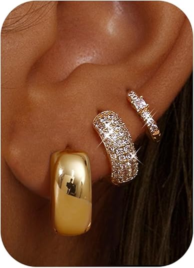 Small Chunky Gold Hoop Earrings for Women Hypoallergenic Gold Silver Hoops for Sensitive Ears Non Tarnish 14K Gold Filled Huggie Hoop Earring Stacks for Multiple Piercing Lightweight 3Pairs EH-005