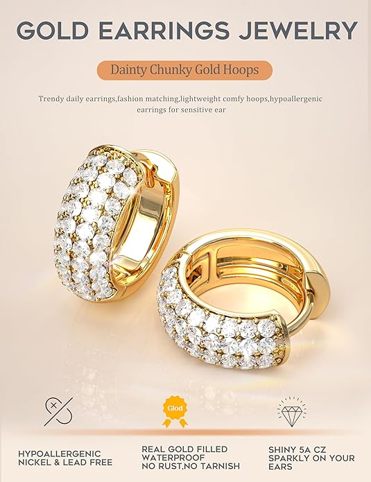 Small Chunky Gold Hoop Earrings for Women Hypoallergenic Gold Silver Hoops for Sensitive Ears Non Tarnish 14K Gold Filled Huggie Hoop Earring Stacks for Multiple Piercing Lightweight 3Pairs EH-005