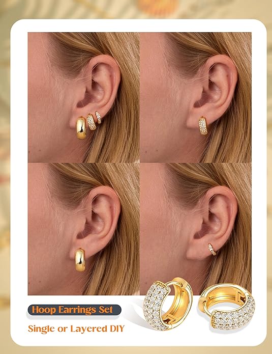 Small Chunky Gold Hoop Earrings for Women Hypoallergenic Gold Silver Hoops for Sensitive Ears Non Tarnish 14K Gold Filled Huggie Hoop Earring Stacks for Multiple Piercing Lightweight 3Pairs EH-005