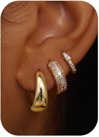 Small Chunky Gold Hoop Earrings for Women Hypoallergenic Gold Silver Hoops for Sensitive Ears Non Tarnish 14K Gold Filled Huggie Hoop Earring Stacks for Multiple Piercing Lightweight 3Pairs EH-005