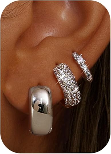 Small Chunky Gold Hoop Earrings for Women Hypoallergenic Gold Silver Hoops for Sensitive Ears Non Tarnish 14K Gold Filled Huggie Hoop Earring Stacks for Multiple Piercing Lightweight 3Pairs EH-005