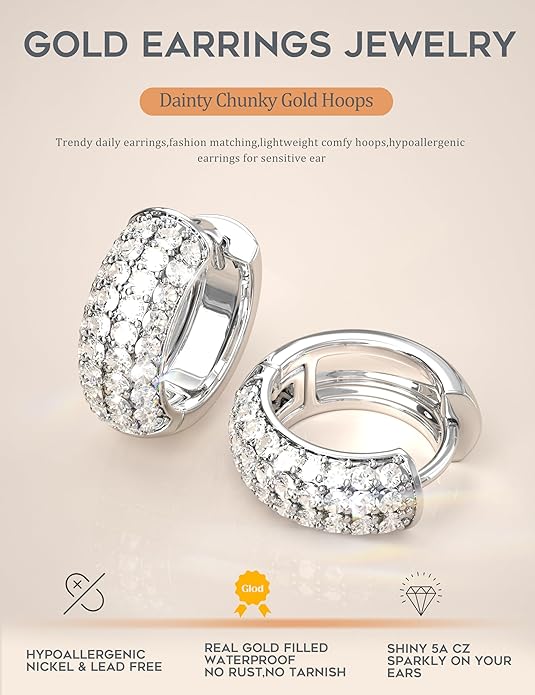 Small Chunky Gold Hoop Earrings for Women Hypoallergenic Gold Silver Hoops for Sensitive Ears Non Tarnish 14K Gold Filled Huggie Hoop Earring Stacks for Multiple Piercing Lightweight 3Pairs EH-005