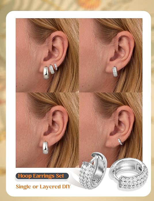 Small Chunky Gold Hoop Earrings for Women Hypoallergenic Gold Silver Hoops for Sensitive Ears Non Tarnish 14K Gold Filled Huggie Hoop Earring Stacks for Multiple Piercing Lightweight 3Pairs EH-005