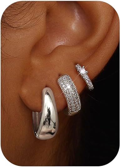 Small Chunky Gold Hoop Earrings for Women Hypoallergenic Gold Silver Hoops for Sensitive Ears Non Tarnish 14K Gold Filled Huggie Hoop Earring Stacks for Multiple Piercing Lightweight 3Pairs EH-005