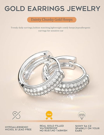 Small Chunky Gold Hoop Earrings for Women Hypoallergenic Gold Silver Hoops for Sensitive Ears Non Tarnish 14K Gold Filled Huggie Hoop Earring Stacks for Multiple Piercing Lightweight 3Pairs EH-005
