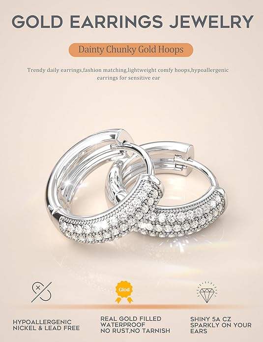 Small Chunky Gold Hoop Earrings for Women Hypoallergenic Gold Silver Hoops for Sensitive Ears Non Tarnish 14K Gold Filled Huggie Hoop Earring Stacks for Multiple Piercing Lightweight 3Pairs EH-005