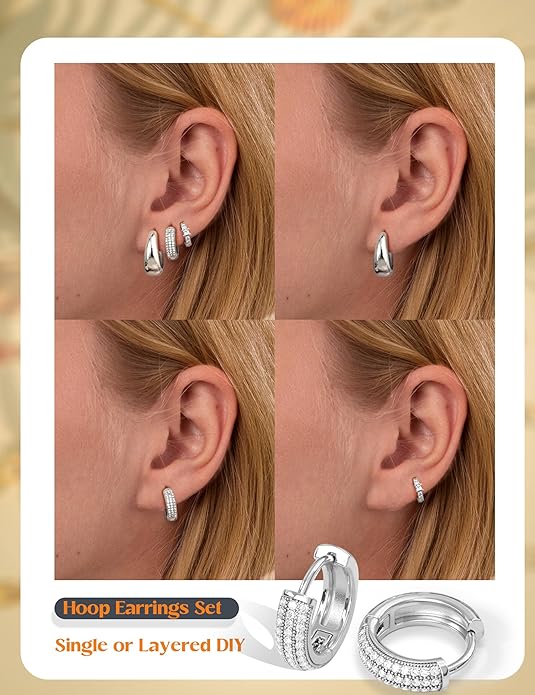 Small Chunky Gold Hoop Earrings for Women Hypoallergenic Gold Silver Hoops for Sensitive Ears Non Tarnish 14K Gold Filled Huggie Hoop Earring Stacks for Multiple Piercing Lightweight 3Pairs EH-005