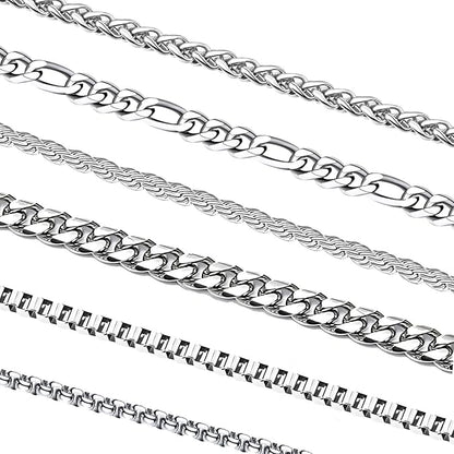 6 Pcs Silver Chains, Stainless Steel Cuban Link/Rope/Box/Figaro/Square Rolo/Wheat Chain Necklace Jewelry Set for Men Women XL-029