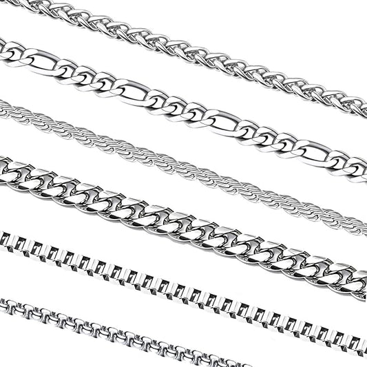 6 Pcs Silver Chains, Stainless Steel Cuban Link/Rope/Box/Figaro/Square Rolo/Wheat Chain Necklace Jewelry Set for Men Women XL-029